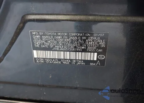 2007 Lexus Es 350 from USA, damaged, VIN JTHBJ46G572087490
